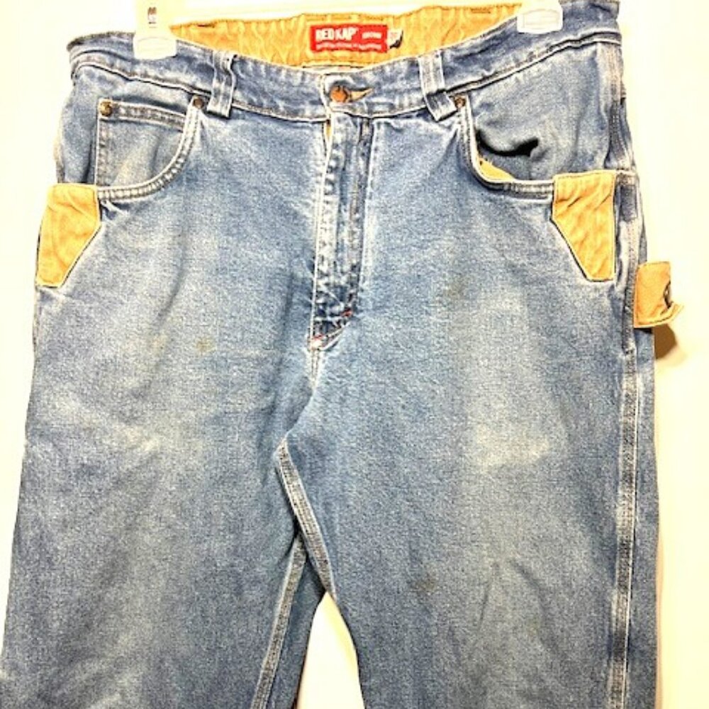 Red Kap Retro Men's Carpenter Brown Accent Work Blue Denim Jeans Sz W38 L32